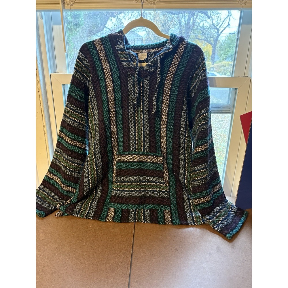 Baja Hoodie Mexican‎ Poncho Pullover Striped Woven Unisex Sweater M L Boho